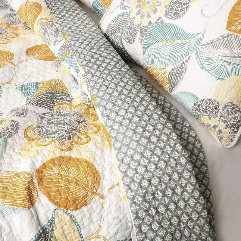 Full/Queen 3 Piece Reversible Yellow Grey Teal Floral Leaves Cotton Quilt Set by HomePacific