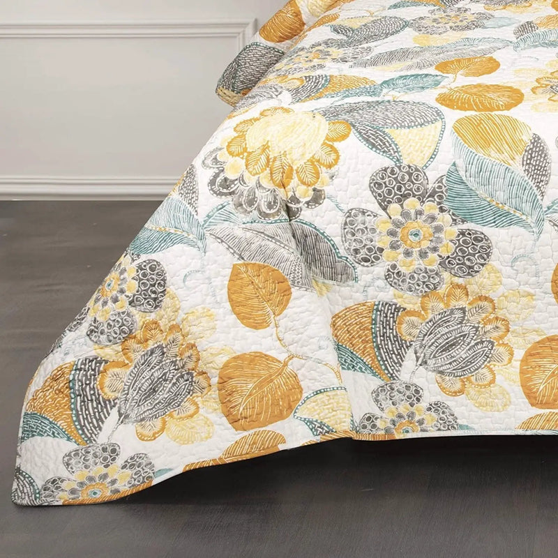 Full/Queen 3 Piece Reversible Yellow Grey Teal Floral Leaves Cotton Quilt Set by HomePacific