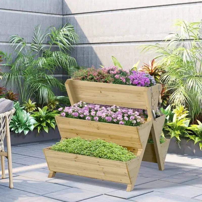 3-Tier Outdoor Fir Wood Elevated Planter Herb Flower Box Raised Garden Bed by HomePacific