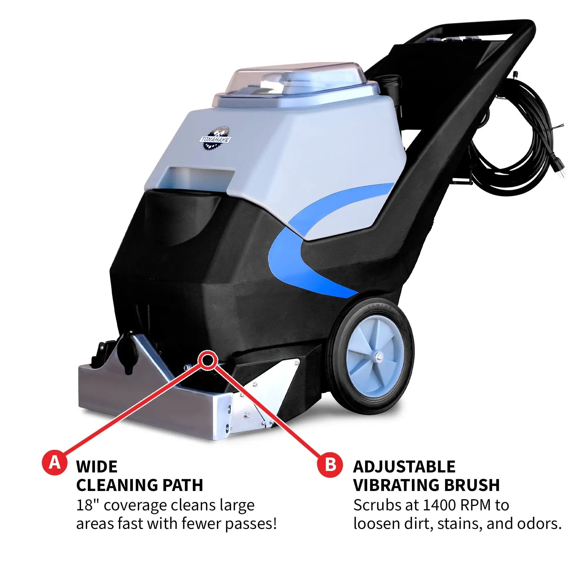 3-in-1 Commercial Carpet Extractor Cleaner, 18” Width, 9 Gallon Dual Tanks, Dual 1000W Motors for Hotels, Offices & Upholstery by Tomahawk Power