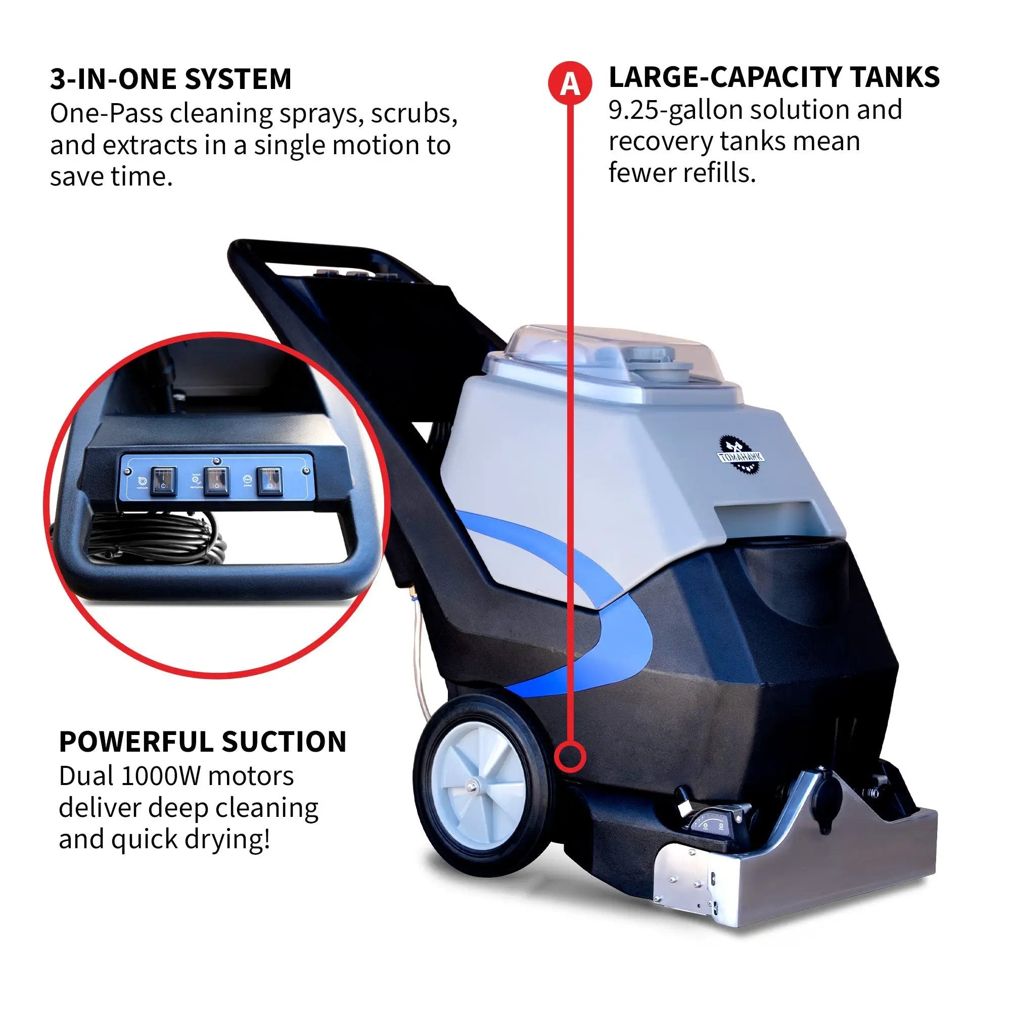 3-in-1 Commercial Carpet Extractor Cleaner, 18” Width, 9 Gallon Dual Tanks, Dual 1000W Motors for Hotels, Offices & Upholstery by Tomahawk Power