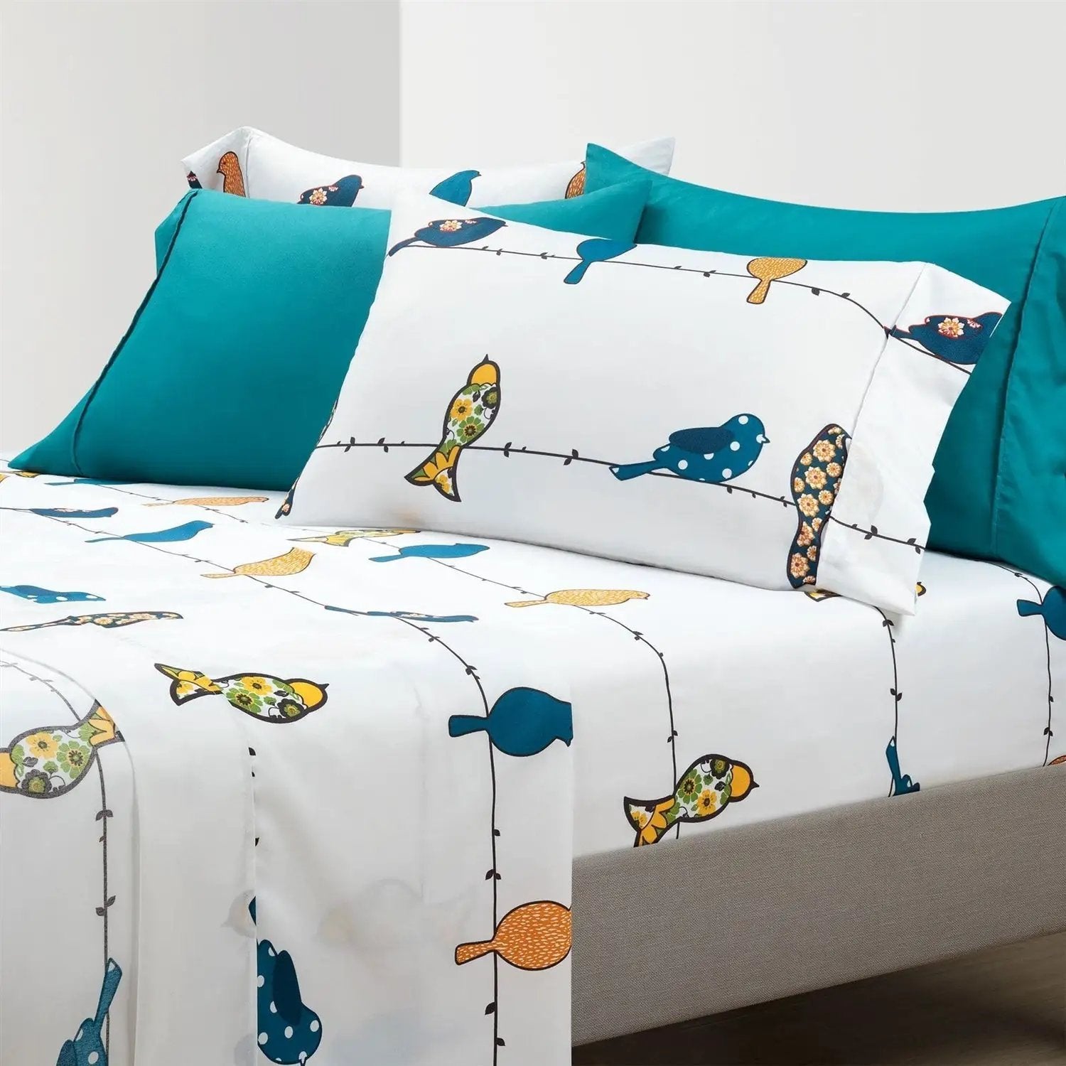 Full Teal Yellow White Floral Birds on Wire Soft Polyester 6 Piece Sheet Set by HomePacific