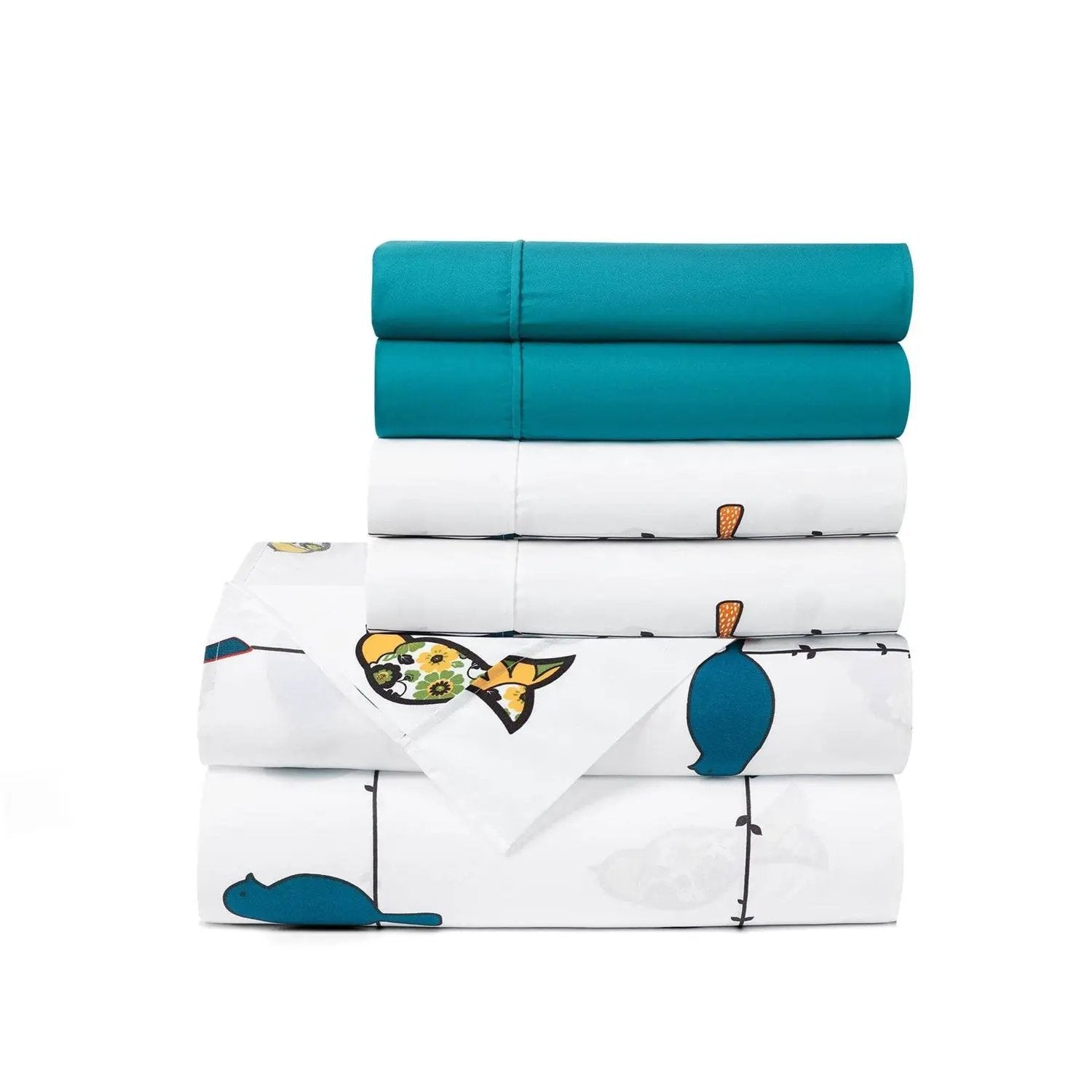 Full Teal Yellow White Floral Birds on Wire Soft Polyester 6 Piece Sheet Set by HomePacific