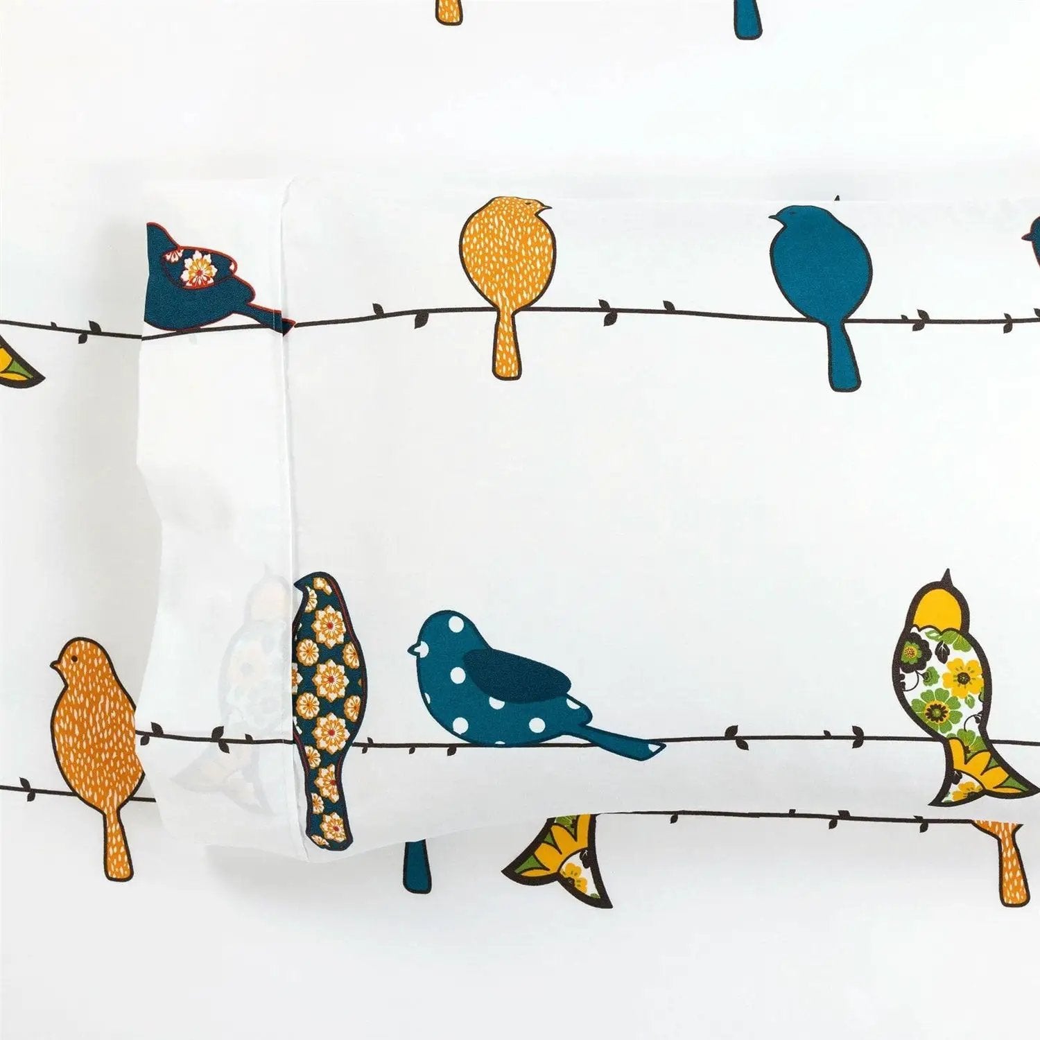 Full Teal Yellow White Floral Birds on Wire Soft Polyester 6 Piece Sheet Set by HomePacific