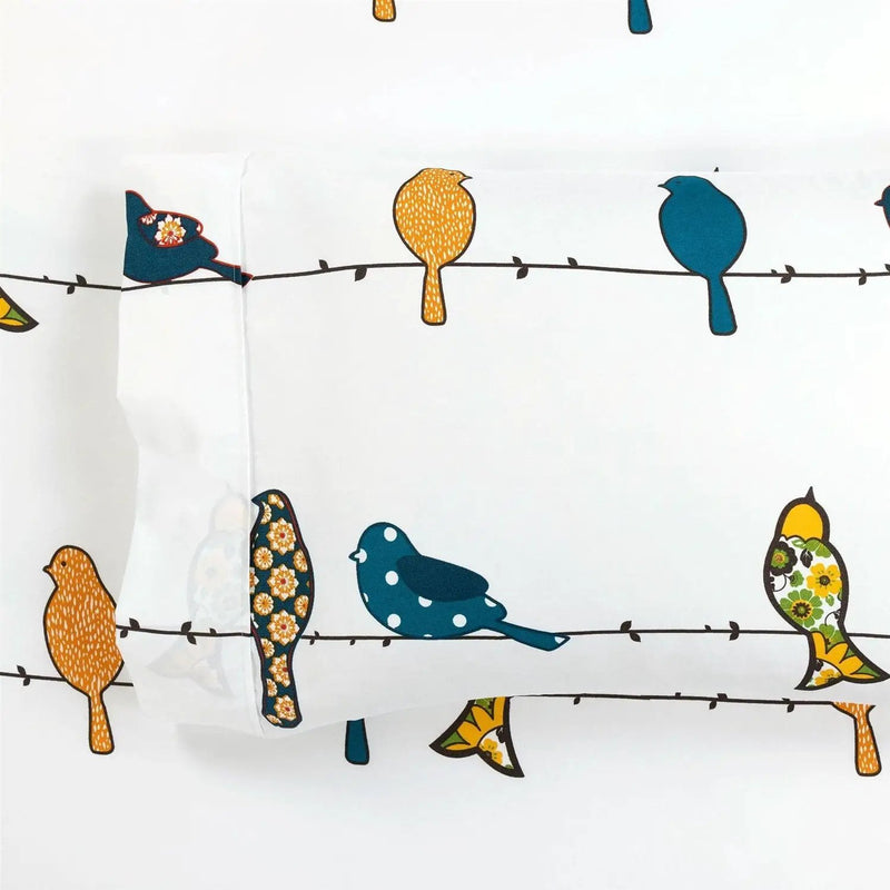 Full Teal Yellow White Floral Birds on Wire Soft Polyester 6 Piece Sheet Set by HomePacific
