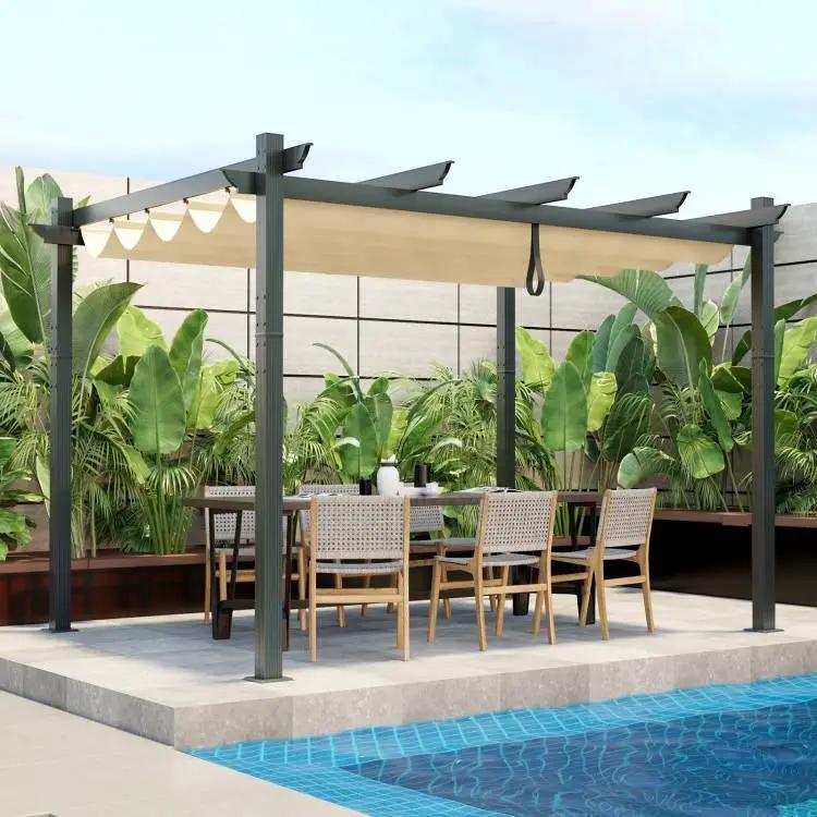 Modern 10 x 12 Ft Outdoor Sturdy Pergola Gazebo with Retractable Beige Canopy by HomePacific