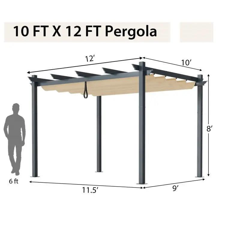Modern 10 x 12 Ft Outdoor Sturdy Pergola Gazebo with Retractable Beige Canopy by HomePacific