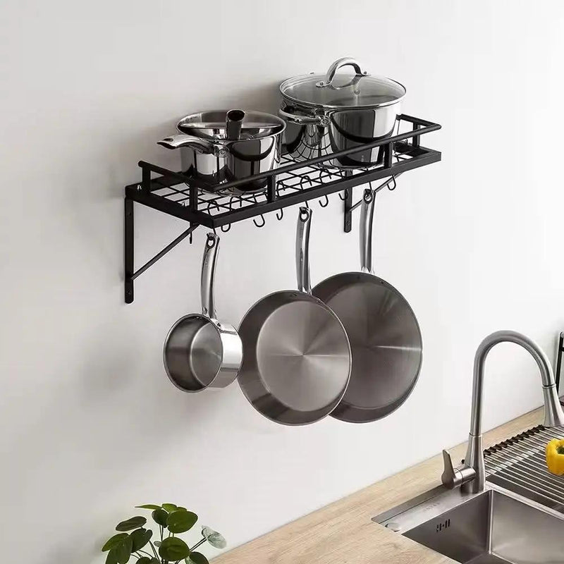 Matte Black Stainless Steel Wall Mounted Pot Rack with 10 Hanging Hooks by HomePacific