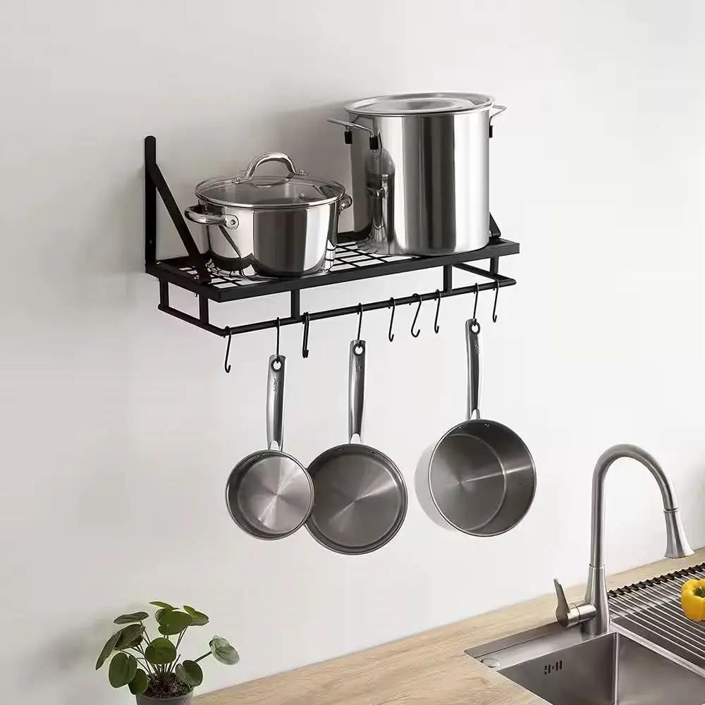 Matte Black Stainless Steel Wall Mounted Pot Rack with 10 Hanging Hooks by HomePacific