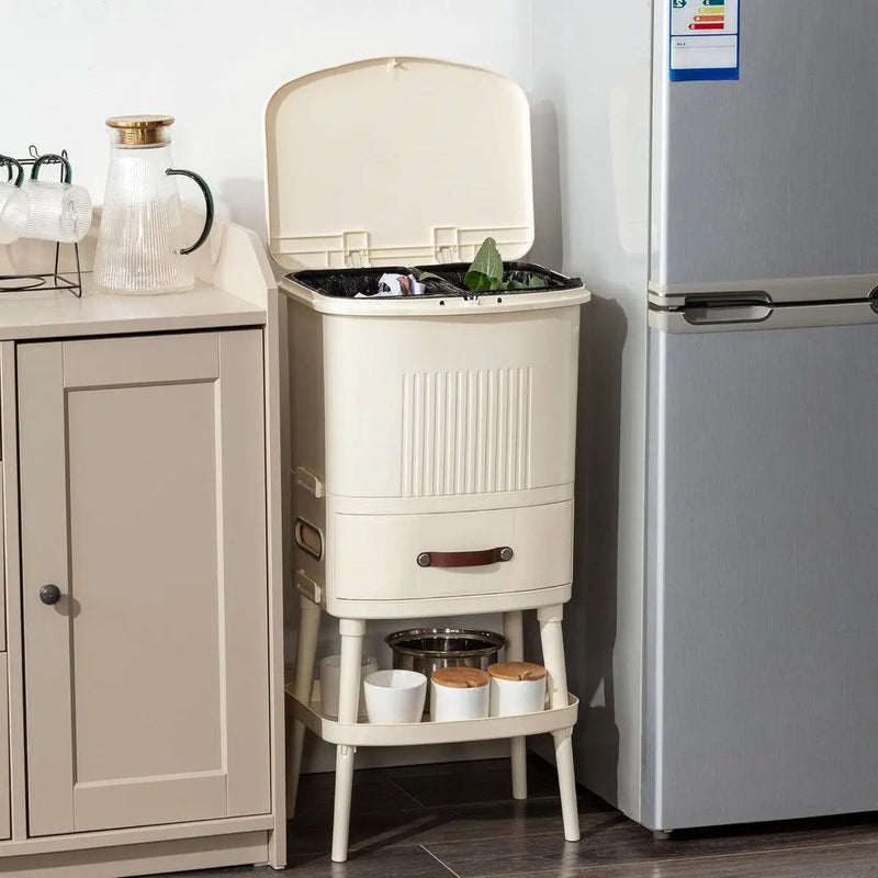 8 Gallon Elevated Trash Kitchen Can with Lid and Storage Shelf in Cream by HomePacific