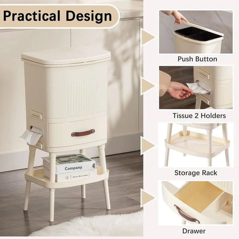 8 Gallon Elevated Trash Kitchen Can with Lid and Storage Shelf in Cream by HomePacific