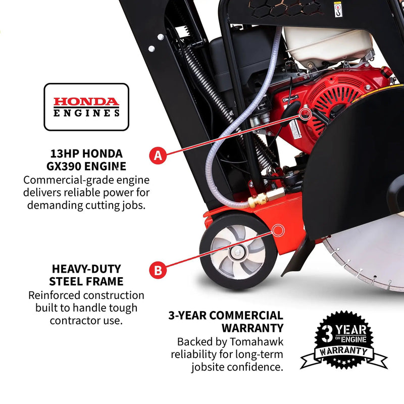 20 Inch Walk Behind Concrete Saw with 13 HP Honda Water Tank GX390 Engine for Asphalt Concrete Cutting by Tomahawk Power