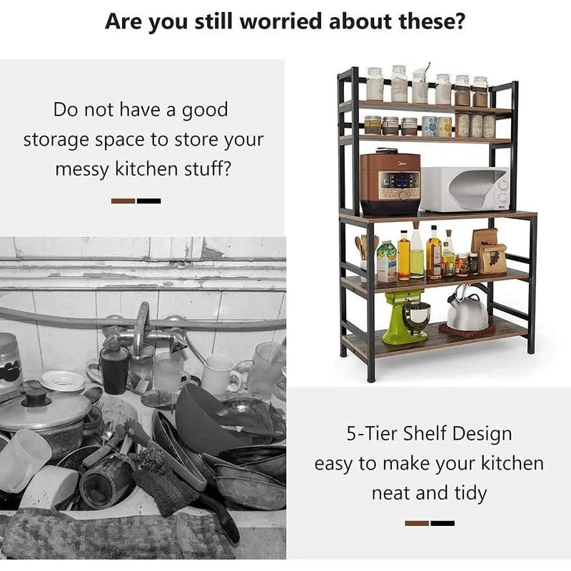 Industrial Modern Kitchen Bakers Rack Brown Woodgrain Sturdy Metal Frame by HomePacific