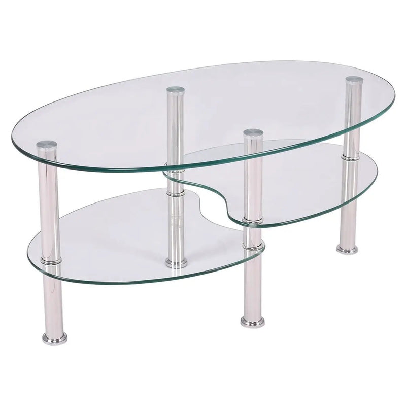 Modern Oval Tempered Glass Coffee Table with Bottom Shelf by HomePacific