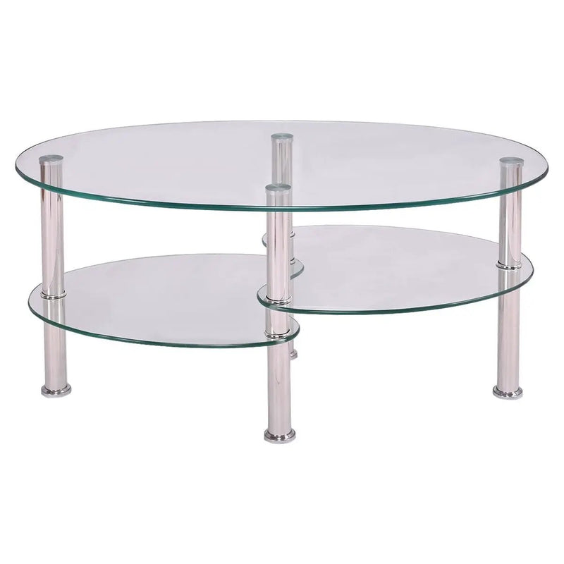 Modern Oval Tempered Glass Coffee Table with Bottom Shelf by HomePacific