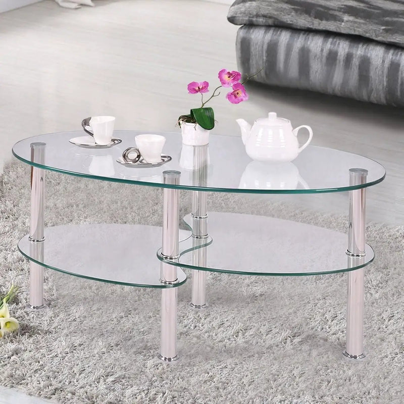 Modern Oval Tempered Glass Coffee Table with Bottom Shelf by HomePacific