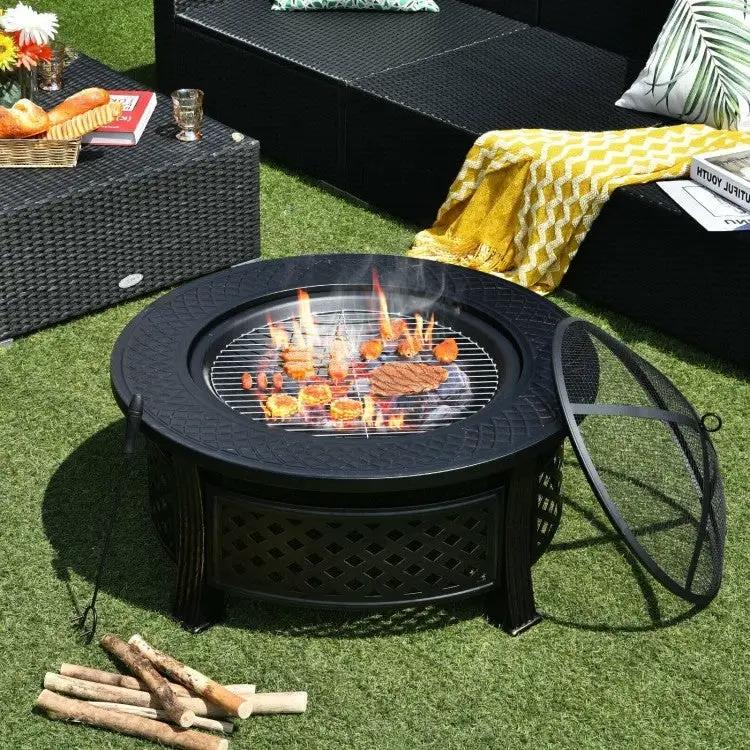 Rustic Steel Outdoor Fire Pit with BBQ Grill with Poker and Mesh Cover by HomePacific