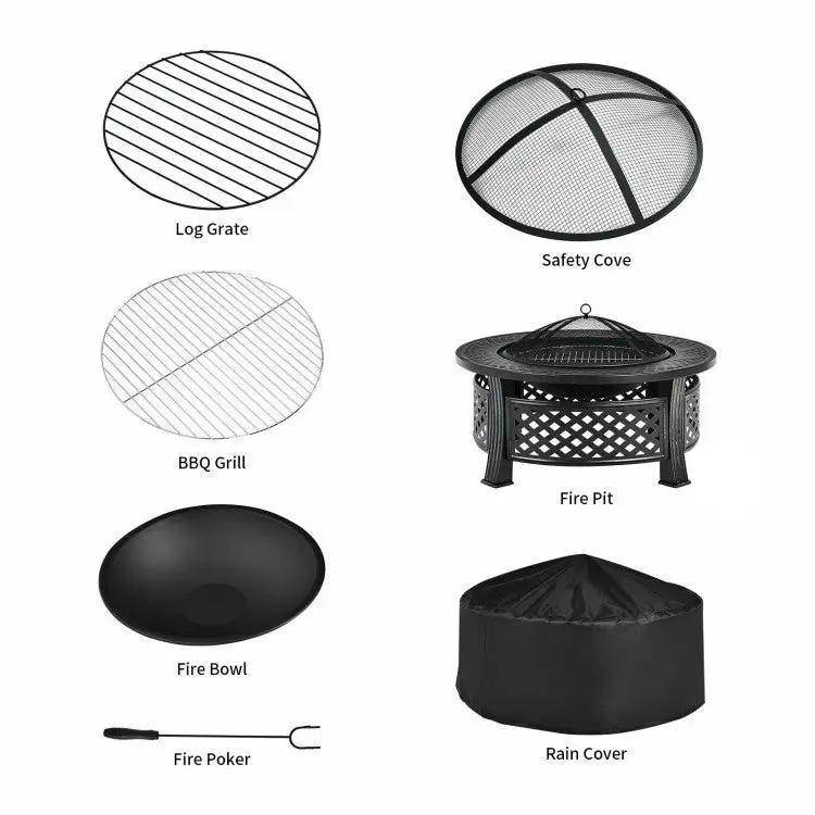 Rustic Steel Outdoor Fire Pit with BBQ Grill with Poker and Mesh Cover by HomePacific