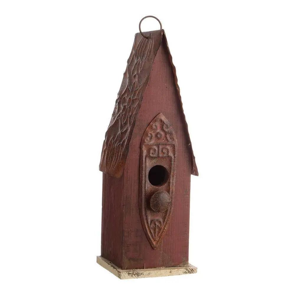 Outdoor Garden Rustic Brown Solid Wood and Iron Bird House by HomePacific