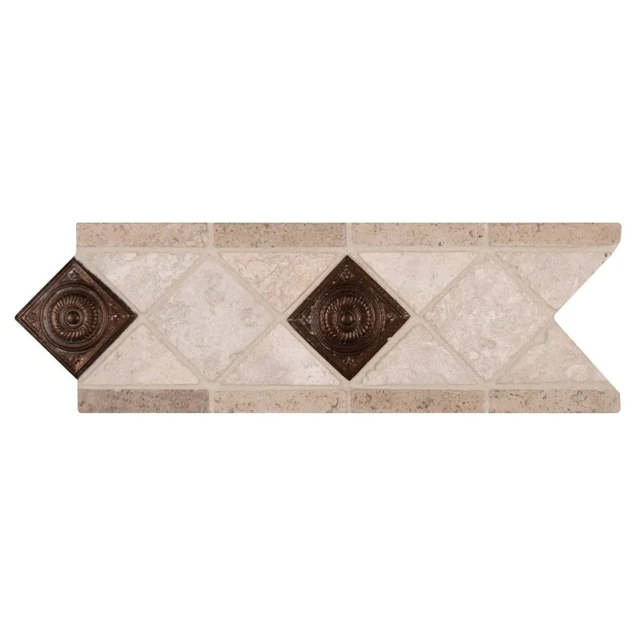 Noce Chiaro Cop Scudo 4x12 Listel Tumbled Metal Mosaics close up