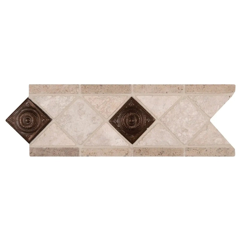 Noce Chiaro Cop Scudo 4x12 Listel Tumbled Metal Mosaics close up