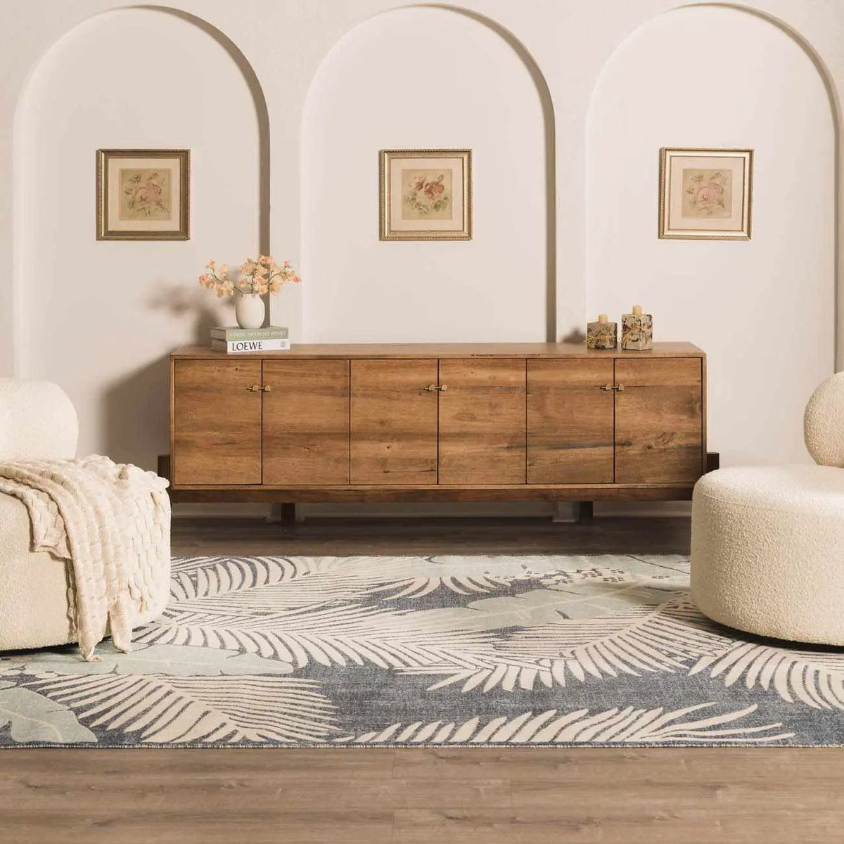 Thebarton Coastal Blue Palm Outdoor Area Rug, installed in a room 3
