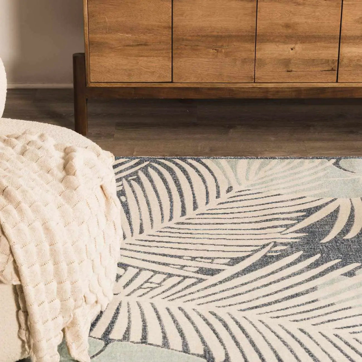 Thebarton Coastal Blue Palm Outdoor Area Rug, installed in a room 5