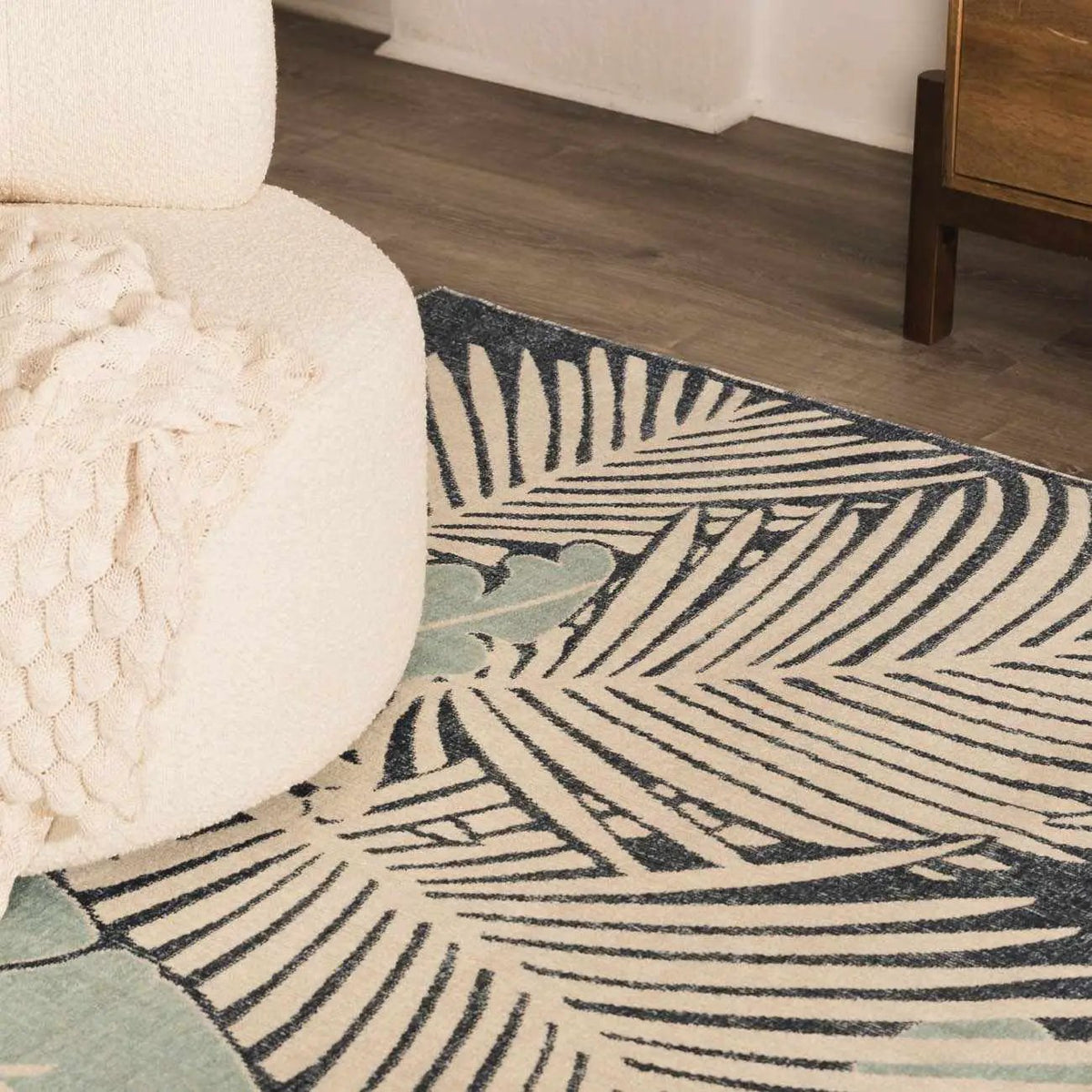 Thebarton Coastal Blue Palm Outdoor Area Rug, installed in a room 4