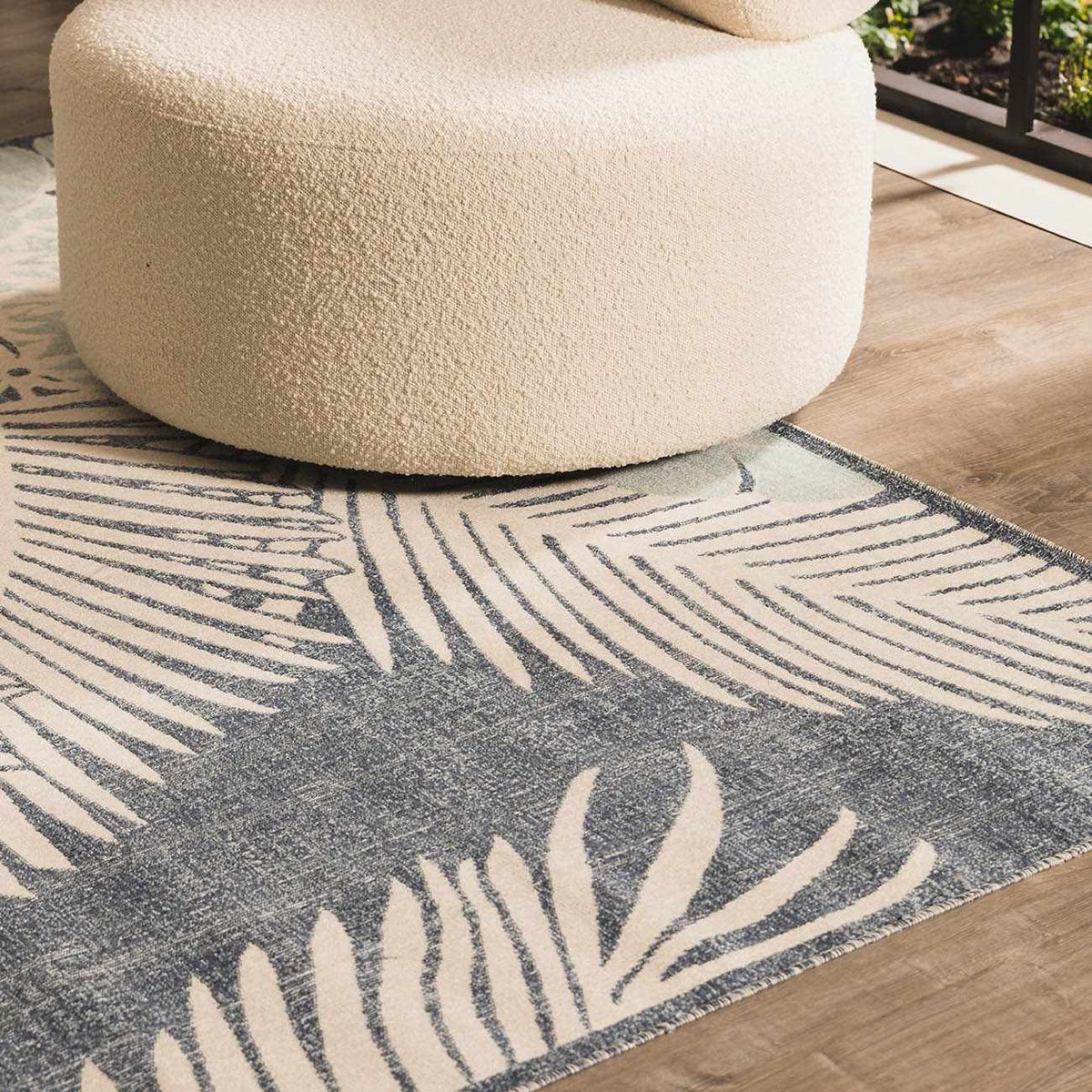 Thebarton Coastal Blue Palm Outdoor Area Rug, installed in a room 2