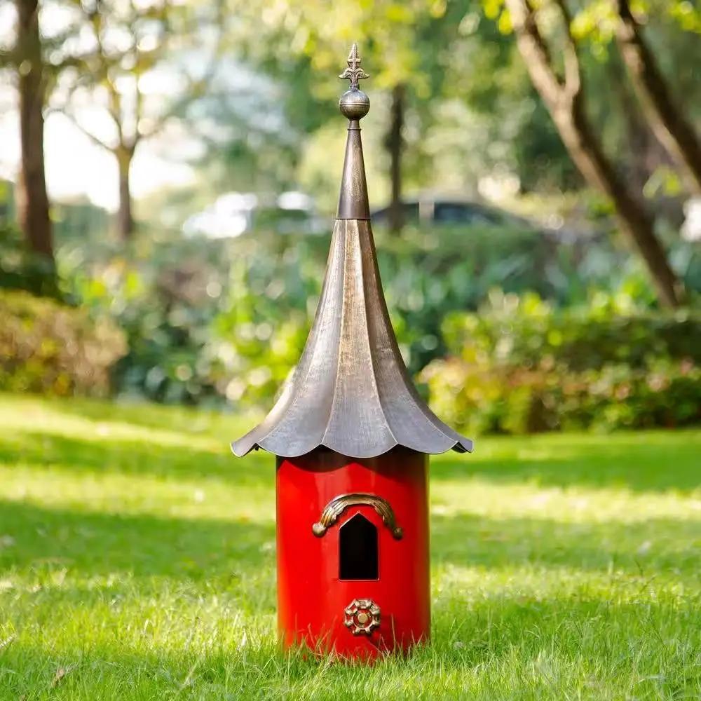 Red Metal Birdhouse with Copper Bronze Finish Gramophone Roof by HomePacific
