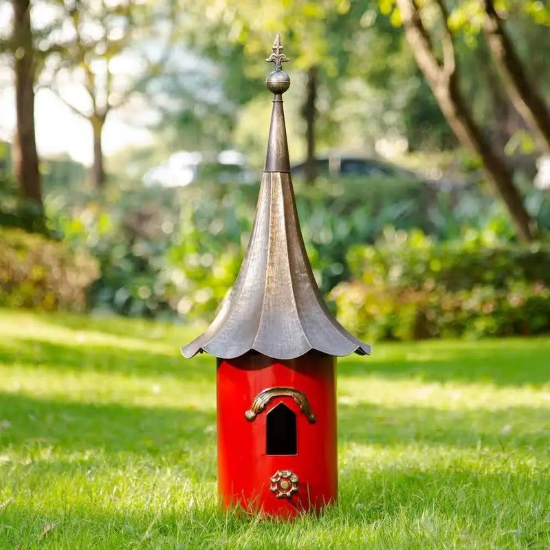 Red Metal Birdhouse with Copper Bronze Finish Gramophone Roof by HomePacific