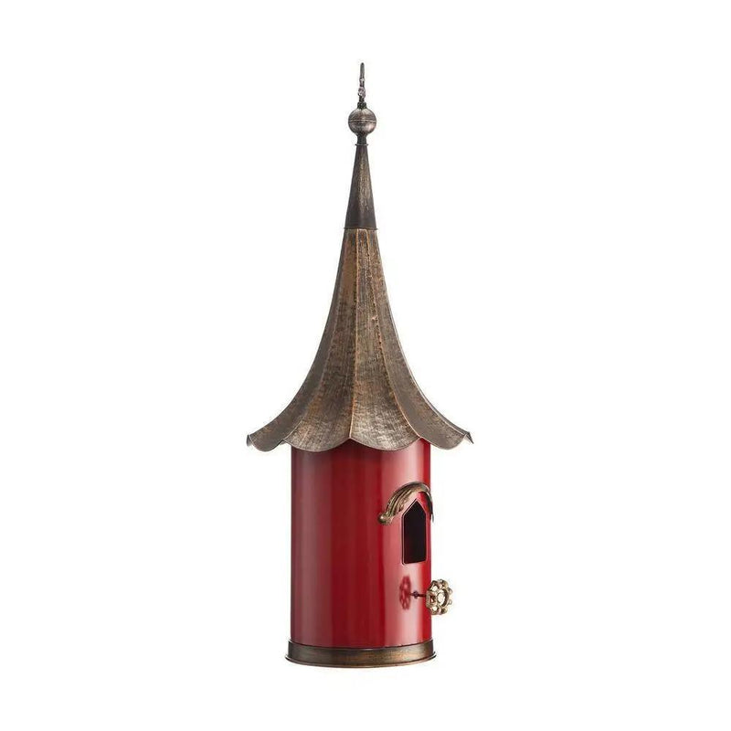 Red Metal Birdhouse with Copper Bronze Finish Gramophone Roof by HomePacific