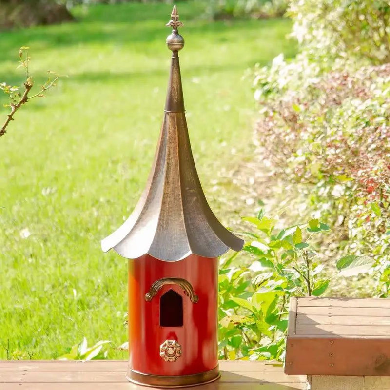 Red Metal Birdhouse with Copper Bronze Finish Gramophone Roof by HomePacific