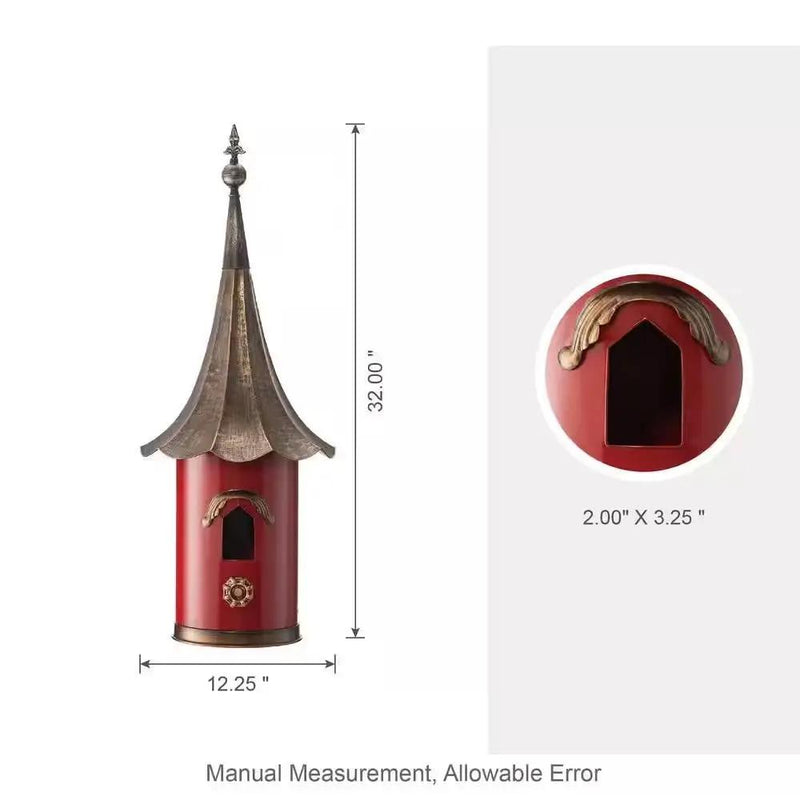 Red Metal Birdhouse with Copper Bronze Finish Gramophone Roof by HomePacific