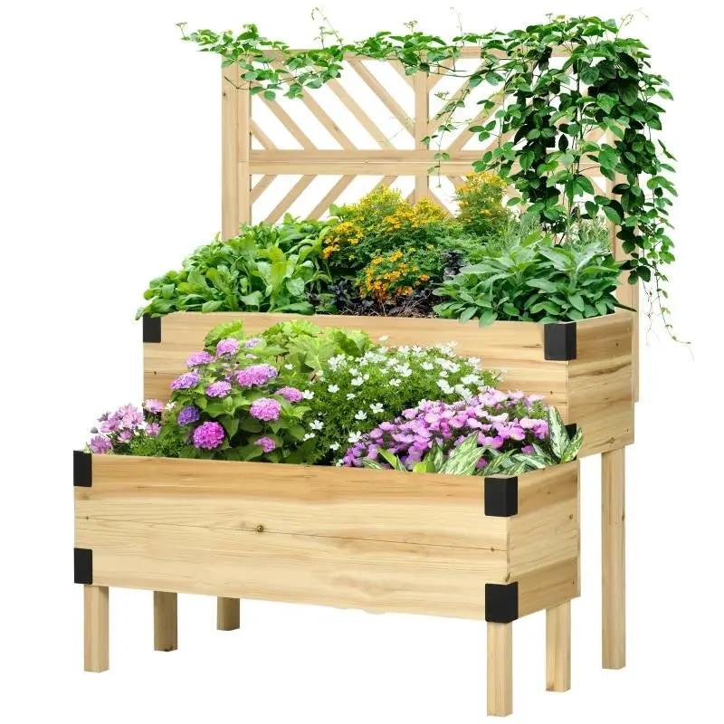 2 Tier Self Draining Natural Wood Raised Garden Bed Planter Box with Trellis by HomePacific