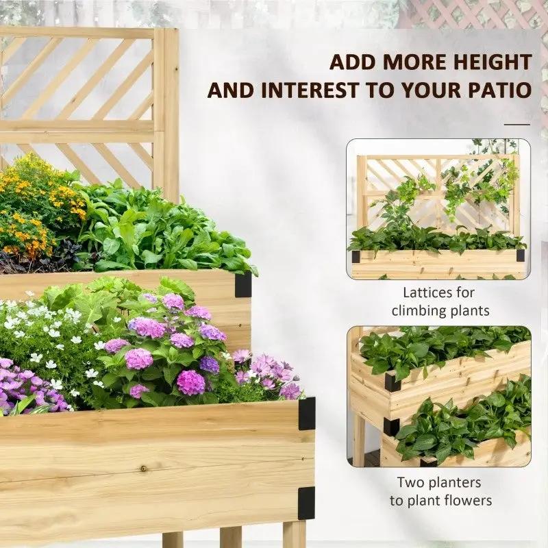 2 Tier Self Draining Natural Wood Raised Garden Bed Planter Box with Trellis by HomePacific