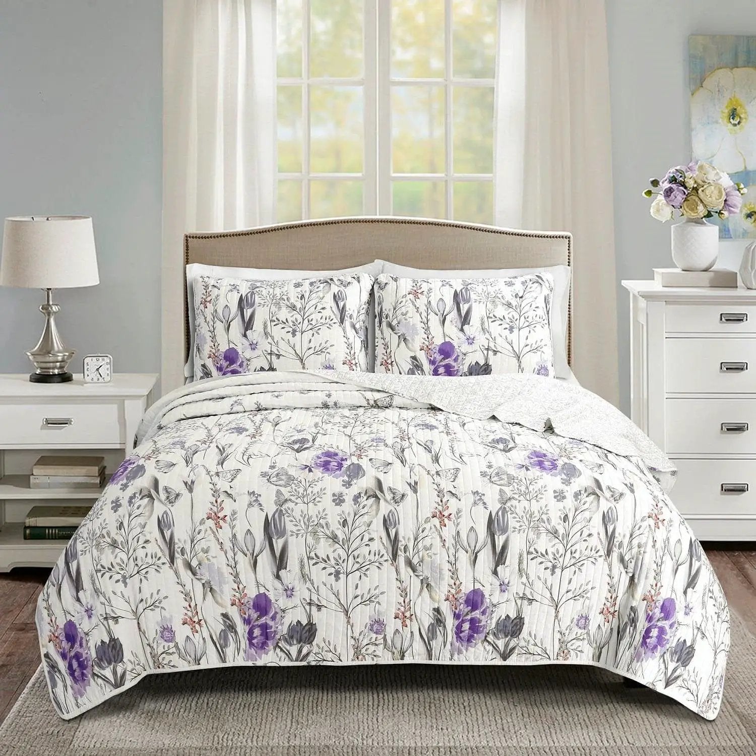 King Size Lightweight Purple Grey White Floral Quilt Set by HomePacific