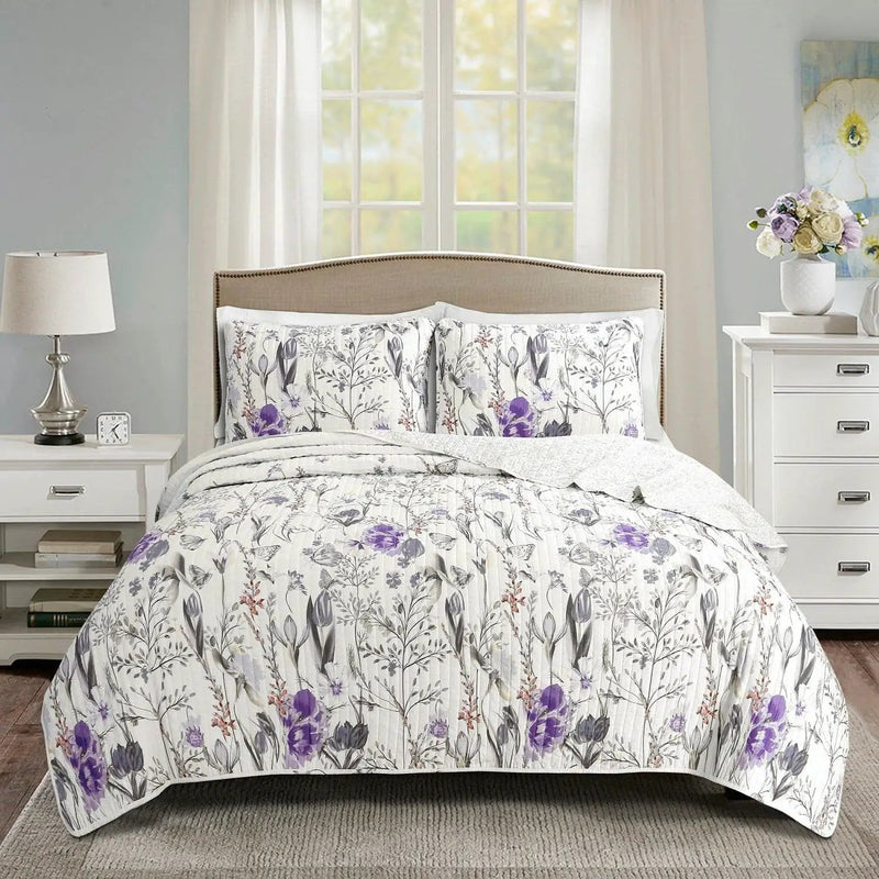 King Size Lightweight Purple Grey White Floral Quilt Set by HomePacific