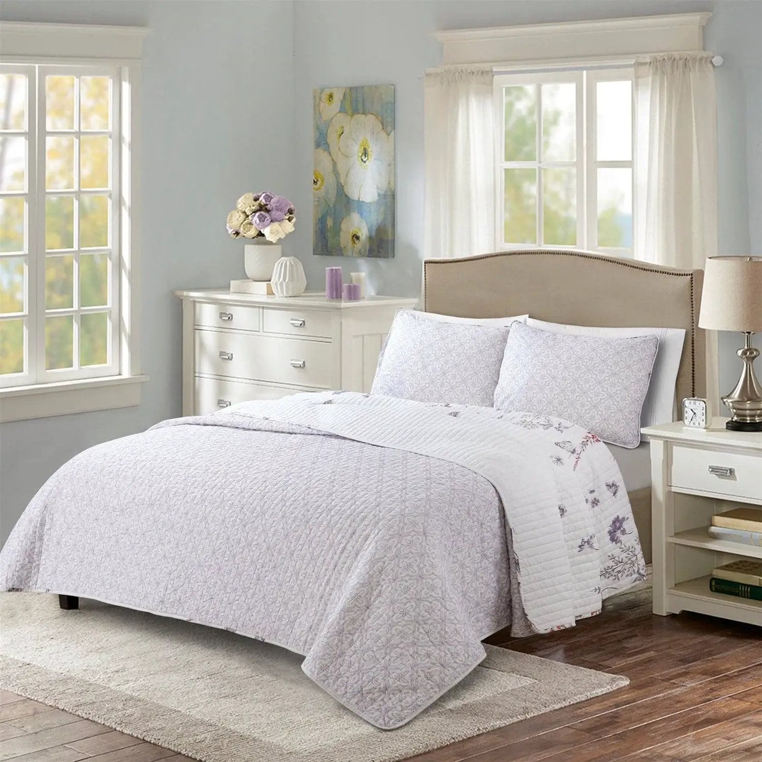 King Size Lightweight Purple Grey White Floral Quilt Set by HomePacific