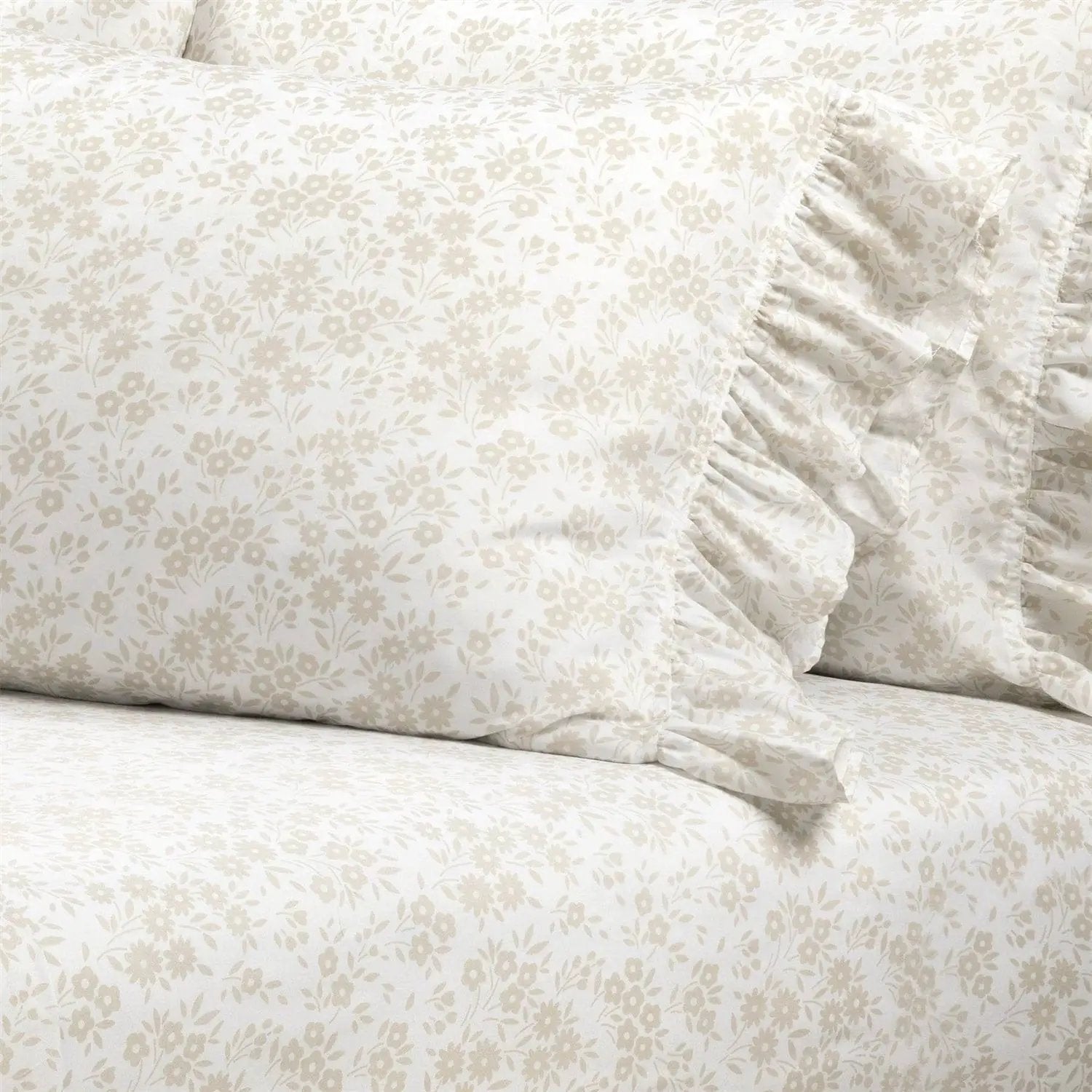 King Size Tan White Floral Ruffle Polyester 6 Piece Sheet Set by HomePacific