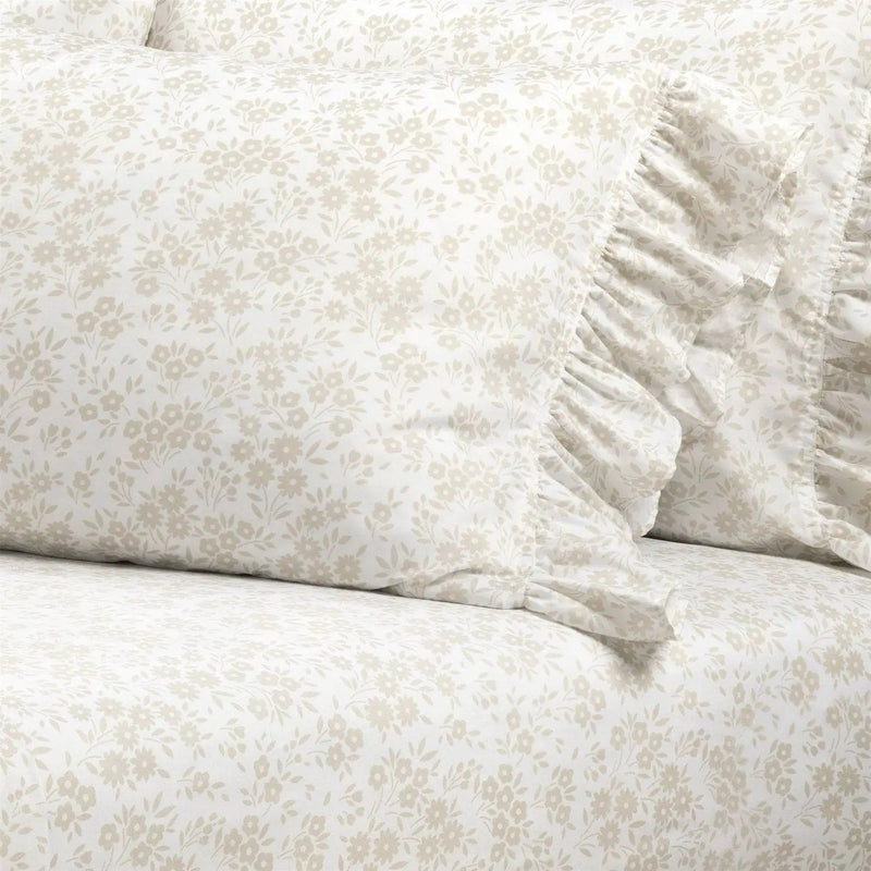 King Size Tan White Floral Ruffle Polyester 6 Piece Sheet Set by HomePacific