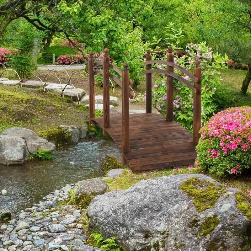 7.5 Ft Wooden Garden Bridge with Hand Rails in Carbonized Wood Finish by HomePacific