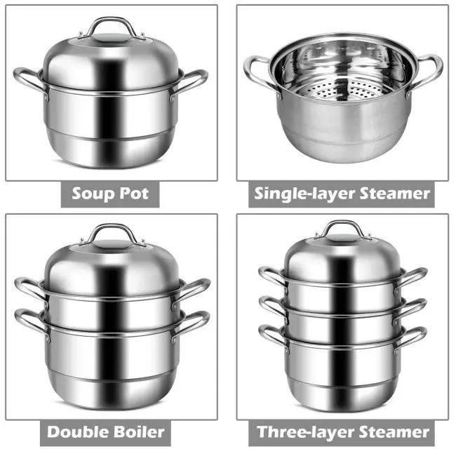 3 Tier Large Stainless Steel Steamer Cookware Set by HomePacific