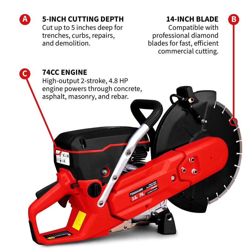 14" Concrete Saw 74cc Handheld Cut-Off Saw 5" Cutting Depth Gas Powered Water Cooling System Commercial Concrete Cutter for Asphalt Masonry Rebar & Roadwork by Tomahawk Power