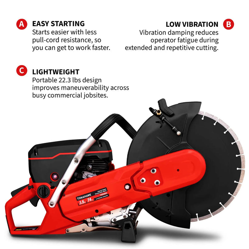 14" Concrete Saw 74cc Handheld Cut-Off Saw 5" Cutting Depth Gas Powered Water Cooling System Commercial Concrete Cutter for Asphalt Masonry Rebar & Roadwork by Tomahawk Power