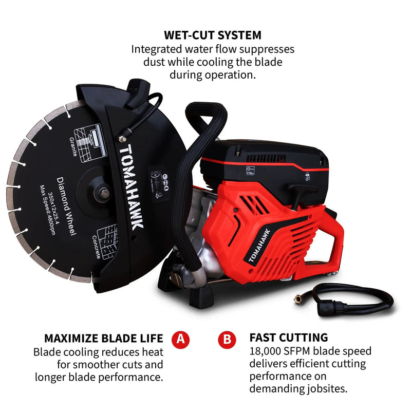 14" Concrete Saw 74cc Handheld Cut-Off Saw 5" Cutting Depth Gas Powered Water Cooling System Commercial Concrete Cutter for Asphalt Masonry Rebar & Roadwork by Tomahawk Power