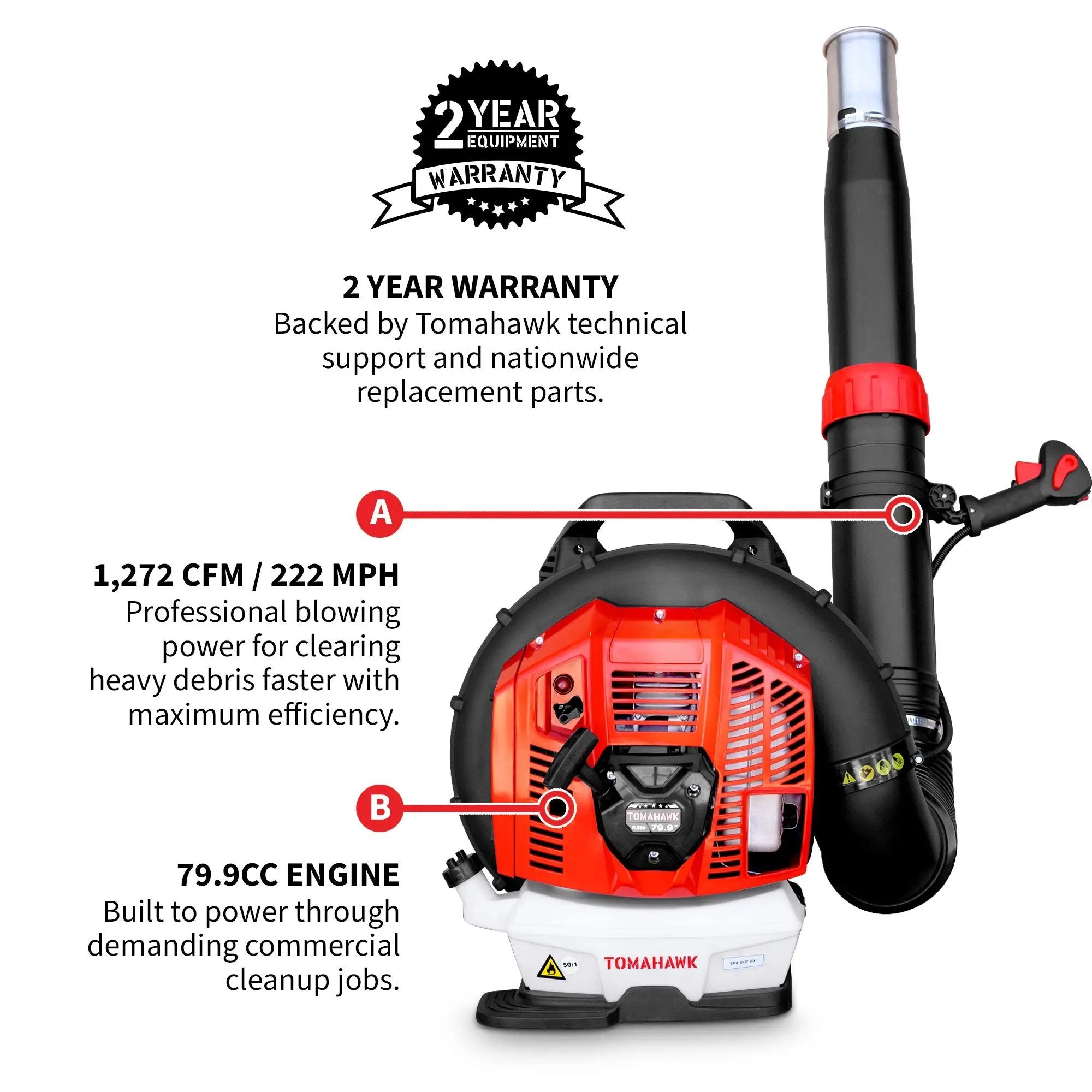 79.9cc Commercial Backpack Leaf Blower 1,272 CFM 222 MPH Lightweight Professional Gas Powered Blower Landscaping Lawn Care Property Maintenance by Tomahawk Power