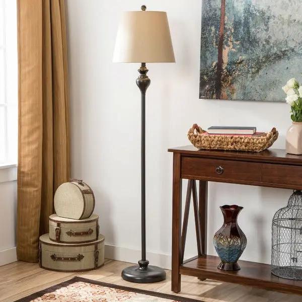 3-Piece Floor Lamp and Table Desk Lamp Set in Black with Light Gold Drum Shades by HomePacific