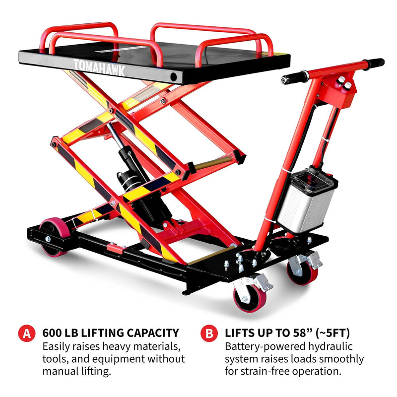 Electric Hydraulic Lift Table – 600 lb, 59 in. Extension Portable Powered Scissor Lift Cart for Warehouses, Shops & Material Handling by Tomahawk Power