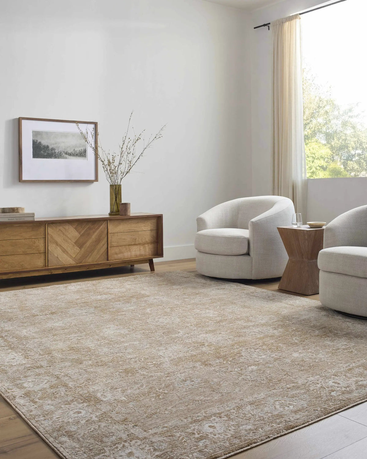 Tylie Tan Area Rug, installed in a room